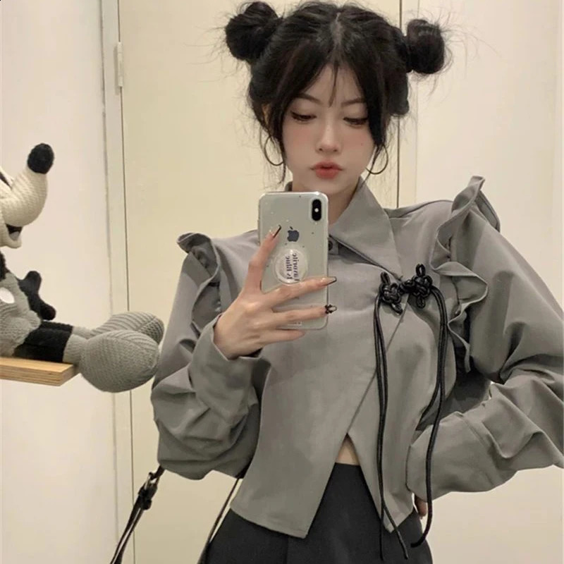 MEXZT Y2K Irregular Crop Top Harajuku Womens Ruffle Asymmetric Shirt Korean Prefabricated Long Sleeve Lace Top 240827