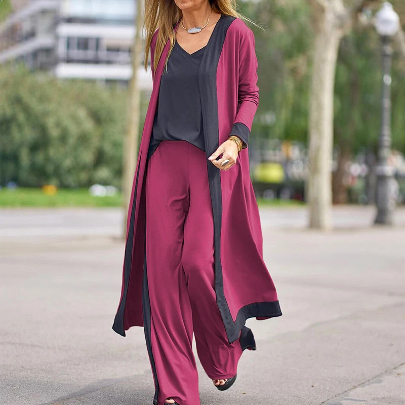 Solid Loose Spring Autumn Casual Three Piece Set Womens Office V-Neck Matching Suit Female Straight Pants Streetwear 3Pc Suit 240826