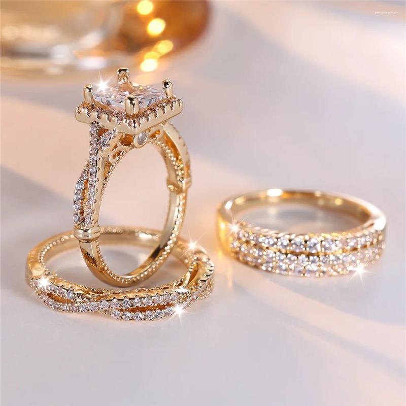 Wedding Rings 3pcs Female Sier Color White Zircon Stone Square Ring Set Vintage Gold Bridal Bands Party Jewelry For Women