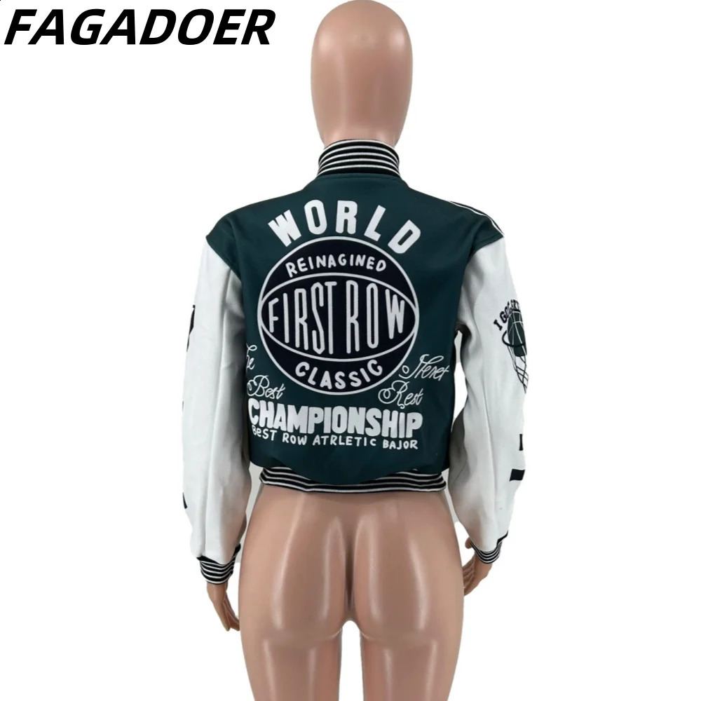 FAGADOER Autumn Casual Patchwork Letter Printing Baseball Jacket Women Button Long Sleeve Crop Top Female Slim Coats Clothing 240827