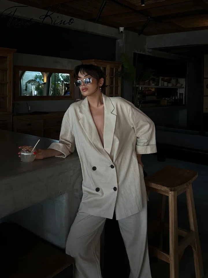 Womens Blazer Suit Elegant Double Breasted Satin Turndown Collar Long Sleeve Trousers Sets Female Summer Fashion Lady Set 240826