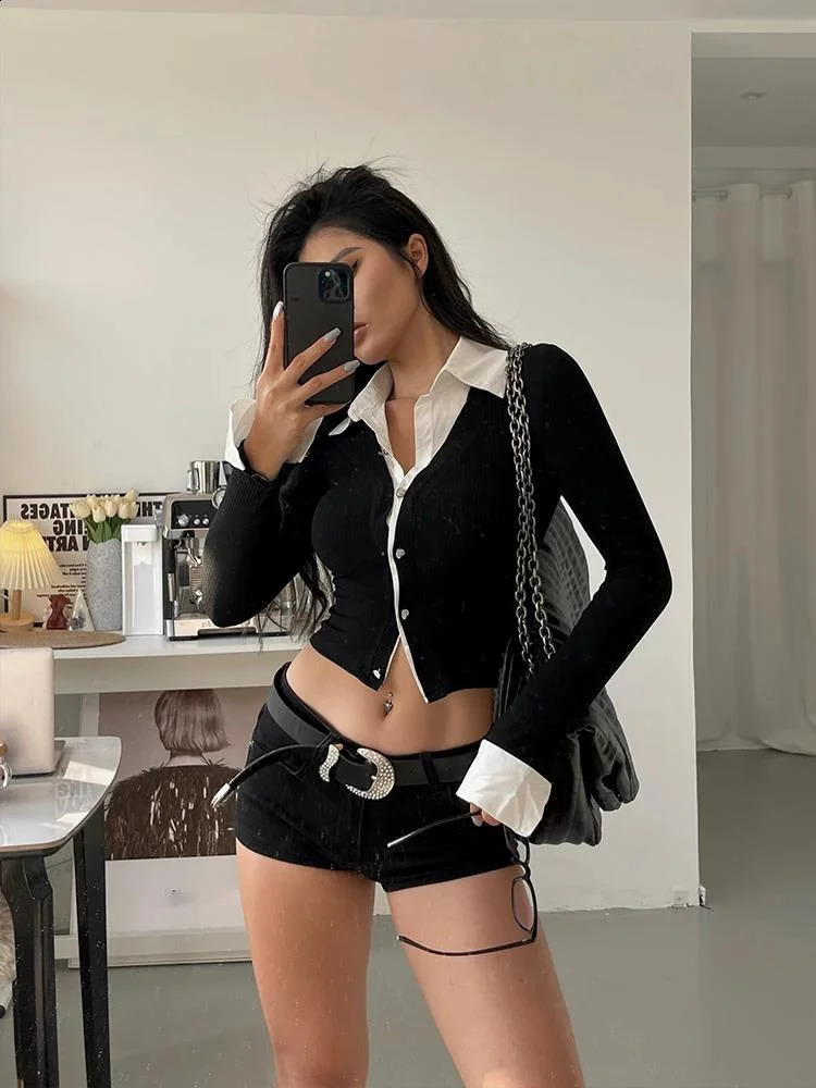 WOMENGAGA Spicy Contrastive Color Fake Double Polo Neck Long Sleeve Womens Autumn Ultra Thin Shirt Sweet Top X8VZ 240827