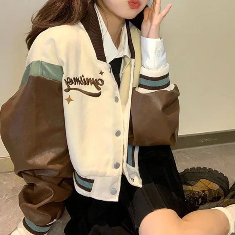 Deeotown Y2k Harajuku Cropped Baseball Jackets Letter Print Sweet Oversized Coat Women Leather Jackets Korean Fashion Streetwear 240827