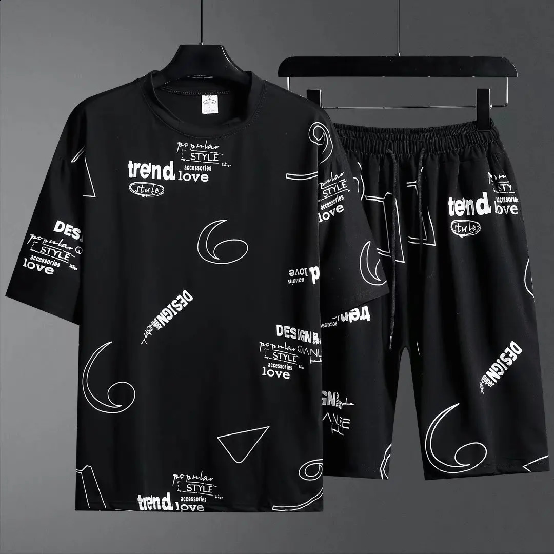 Summer tshirt shorts 2-piece set white tracksuit mens letter printing retro streetwear creative pattern mens short suit set 240827