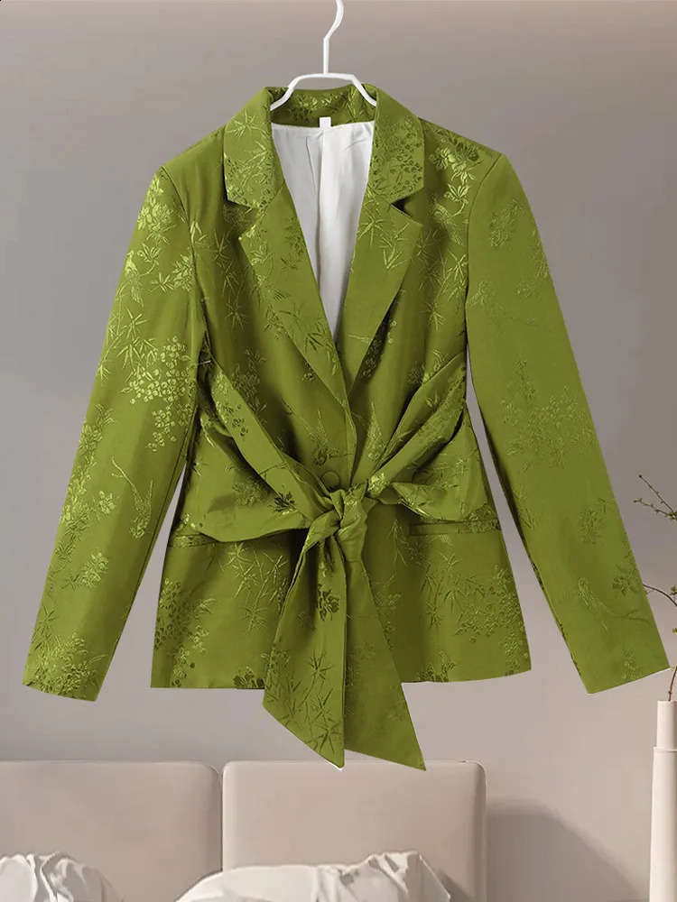 Elegant Green Jacquard BLazer Pants Set Women Casual Bow Lace Up Long Sleeve Lapel Jacket Straight Pants Lady Sets Autumn 240826