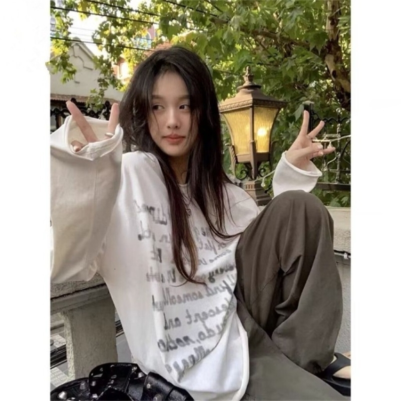 Cotton Y2K top retro spring summer Korean fashion streetwear letter printed loose thin white long sleeved T-shirt for women 240826