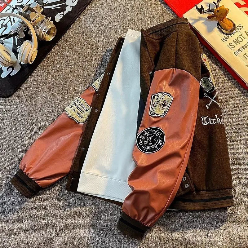 Y2K Harajuku Style Fashion Vintage Baseball Uniform Woolen Coat Men American High Street Retro Couple Stitching Jacket Women 240827