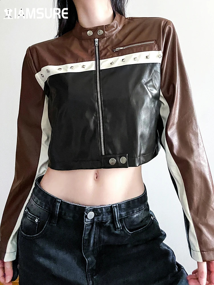 IAMSURE locomotive style decal Worl Pu leather jacket casual streetwear long sleeved jacket womens autumn winter fashion women 240827