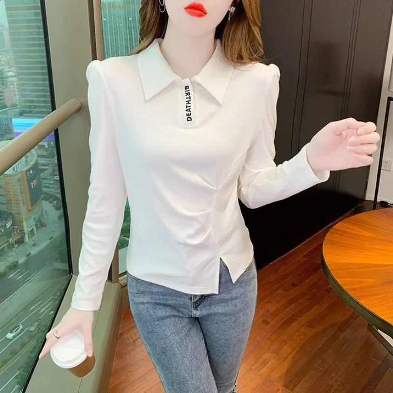Business top plain weave polo neck womens long sleeved beautiful Korean clothing synthetic Y2k fashion 2025 womens T-shirt 240827