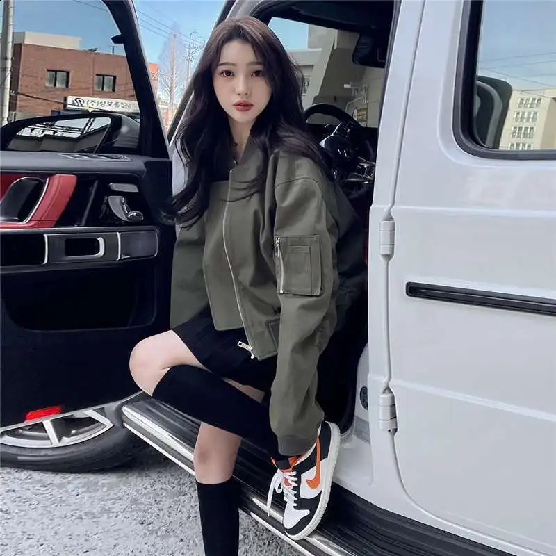Deeptown Korean Fashion Bomber Jacket Women Oversize Streetwear Chic Elegant Female Zipper Baseball Jackets Winter Black Coat 240827