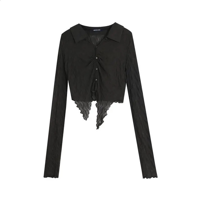 Sexy short sleeved womens streetwear Y2k clothing Harajuku polo neck long sleeved crop top ultra-thin club black shirt n elastic 240827