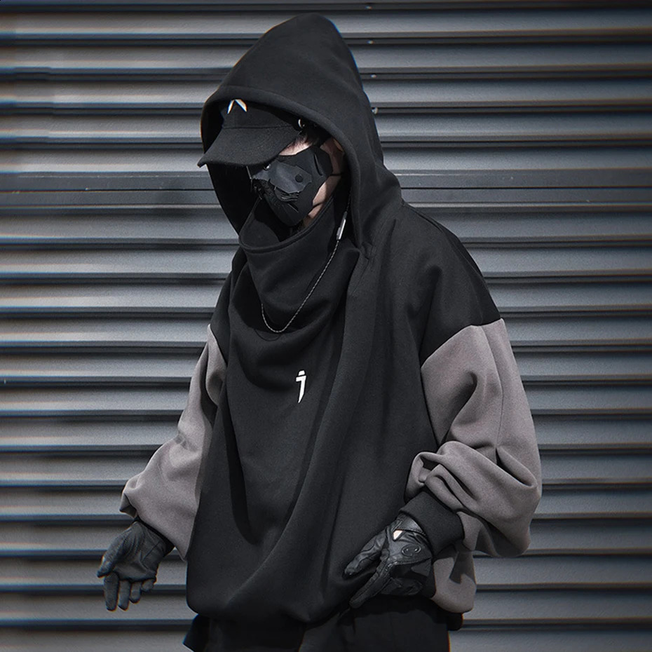Mens Techwear Hoodie Black Grey Patched Work Sweater Oversized Harajuku Hip Hop Pullout 240826