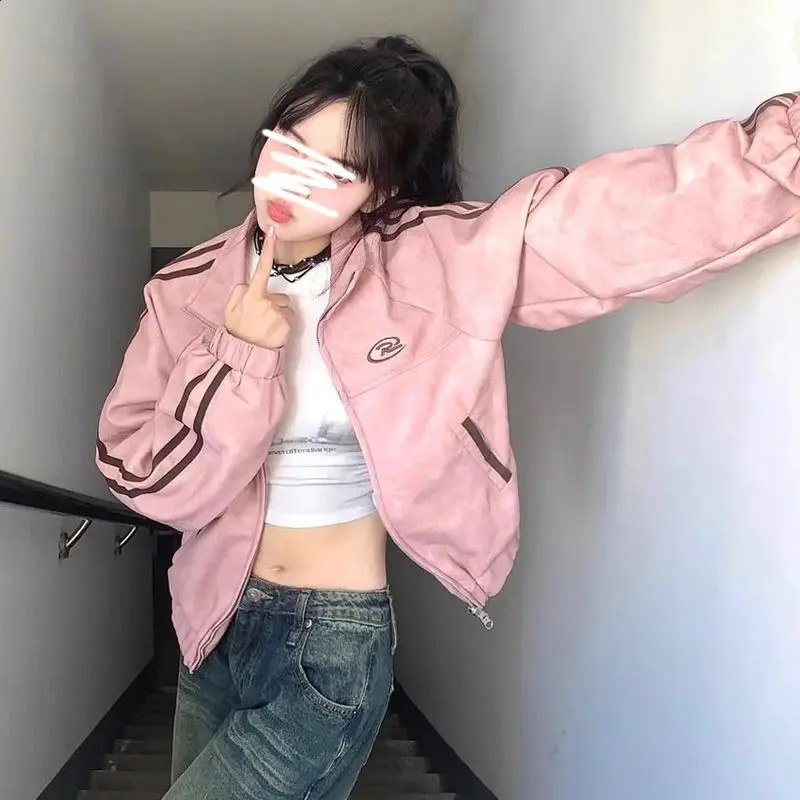 Bombers Coat Woman Hip Hop High Street Racing Bomber Varsity Leather Jacket Vintage Motorcycle Pink Leather Jacket Femme 240827