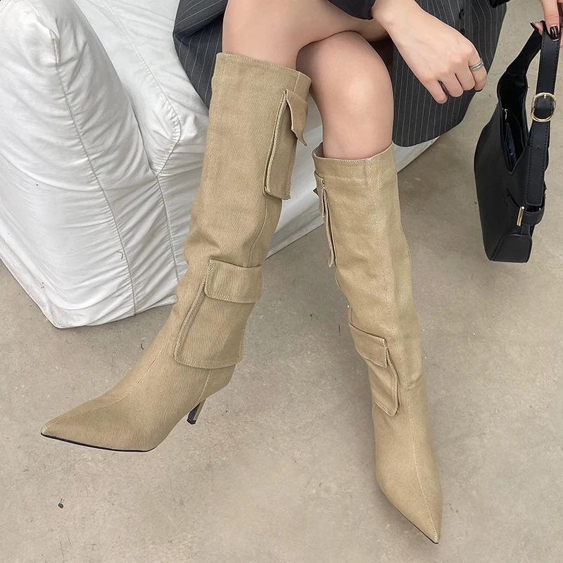 Large size 43 high heels Western style knees womens high boots fashionable toe tips womens long boots womens skate boots 240827