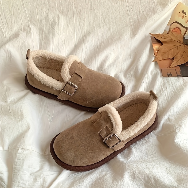 Women's Solid Color Fuzzy Loafers, Slip On Soft Sole Flat Warm Lined Shoes, Winter Plush Non-slip Snow Shoes