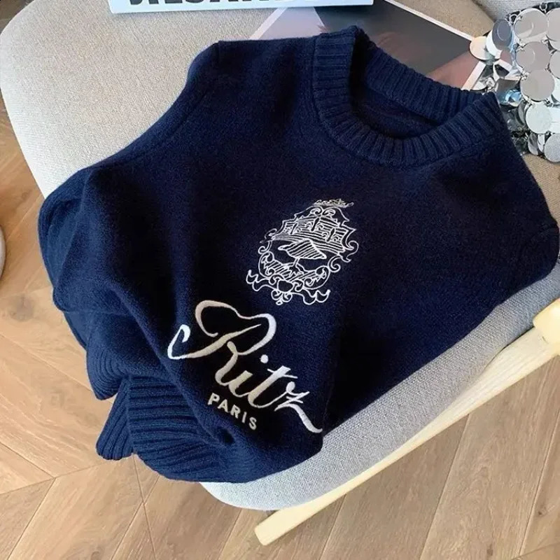 Boreathiman letter embroidered round neck pullover sweater for womens autumn cashmere knitted casual n top 240826