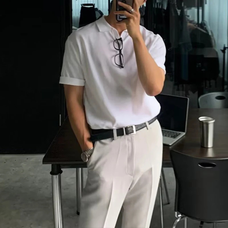 Korean Style Summer Retro Simple Knitted Polo Shirt Men Trendy Solid Color Lapel Loose Short Sleeved T Shirt 240820
