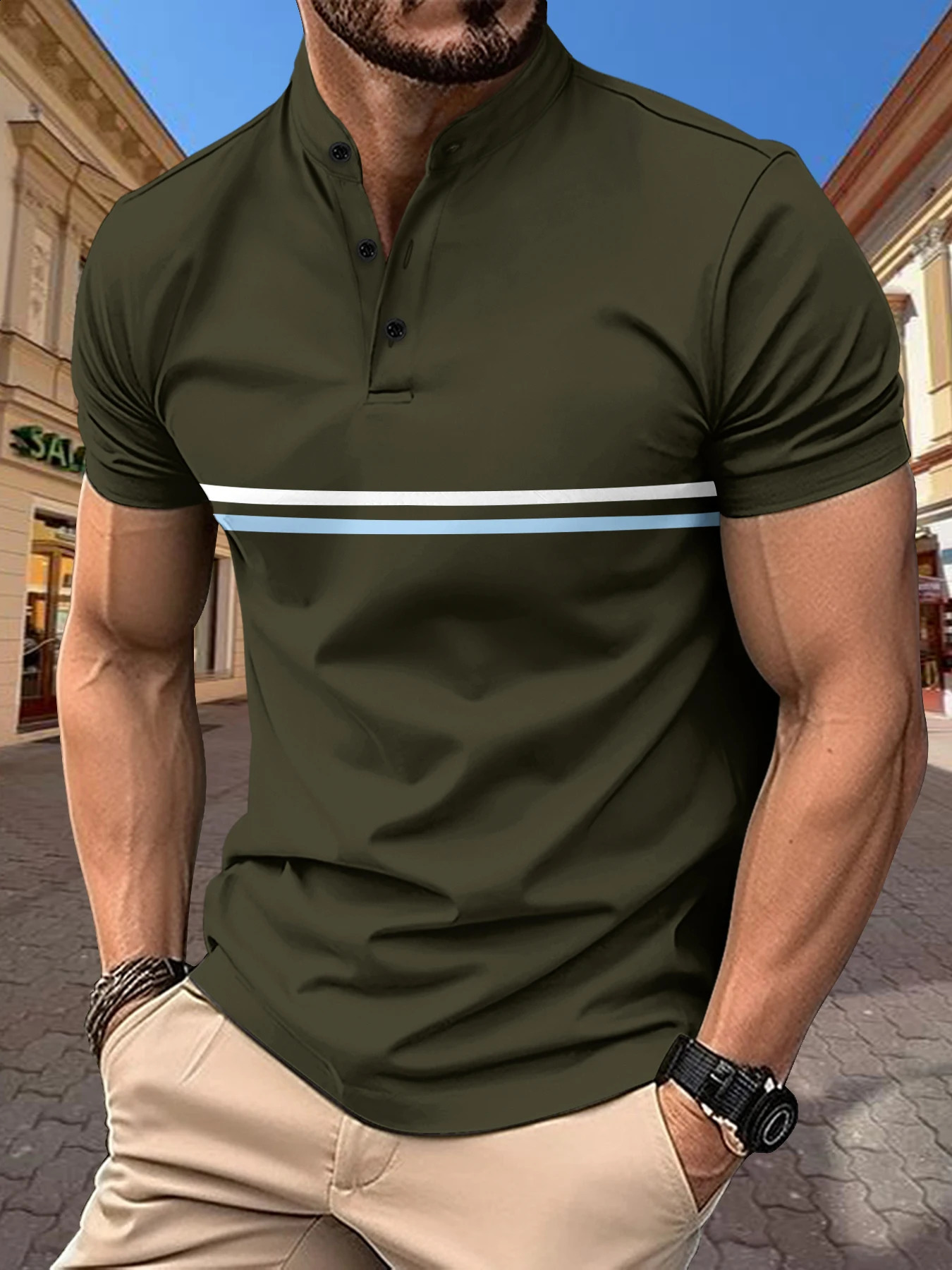 Mens summer short sleeved Henley fashion striped mens polo shirt casual sports top Tshirt diagonal Natal 240827