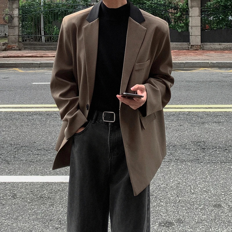 FEWQ Mens Casual Mens Suit Korean Fashion Loose Jacket Contrast Color Single Breast Long Sleeve Male Tops 24E2053 240826