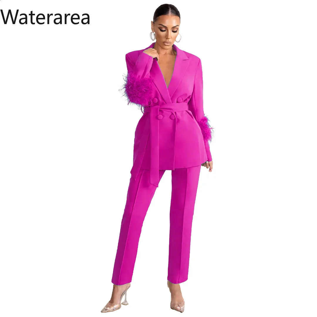 Waterarea Fashion Womens Set Feather Long Sleeve Double Breasted Blazer and Pants Suits Two 2 Piece Sets Outfits Tracksuit 240826