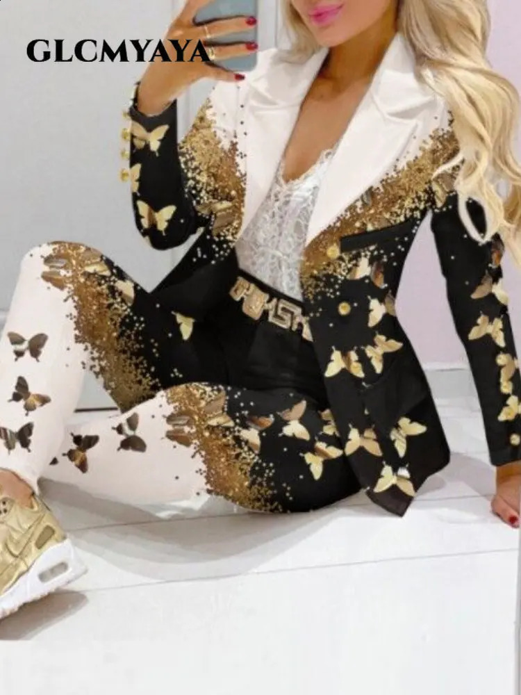 CM.YAYA Elegant Paisley Butterfly Plaid Womens Set Blazer Pants Suit Office Lady Fashion Two 2 Piece Set Fitness Outfits 240826