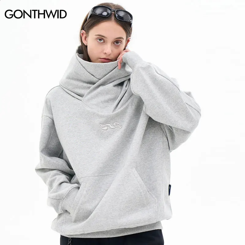 Hip hop ninja hooded streetwear embroidered solid color turtle neck sweatshirt mens Harajuku punk gothic zipper black 240826