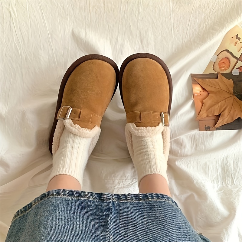 Women's Solid Color Fuzzy Loafers, Slip On Soft Sole Flat Warm Lined Shoes, Winter Plush Non-slip Snow Shoes