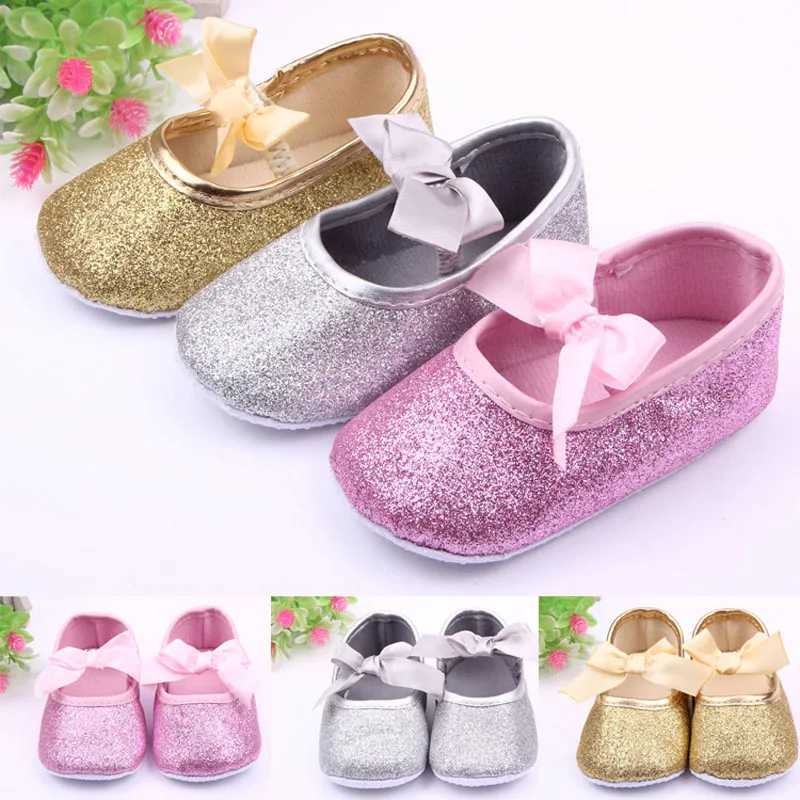 Fashionable shiny baby shoes princess bow baby first walker soft soled baby girl shoes gold pink silver M240827
