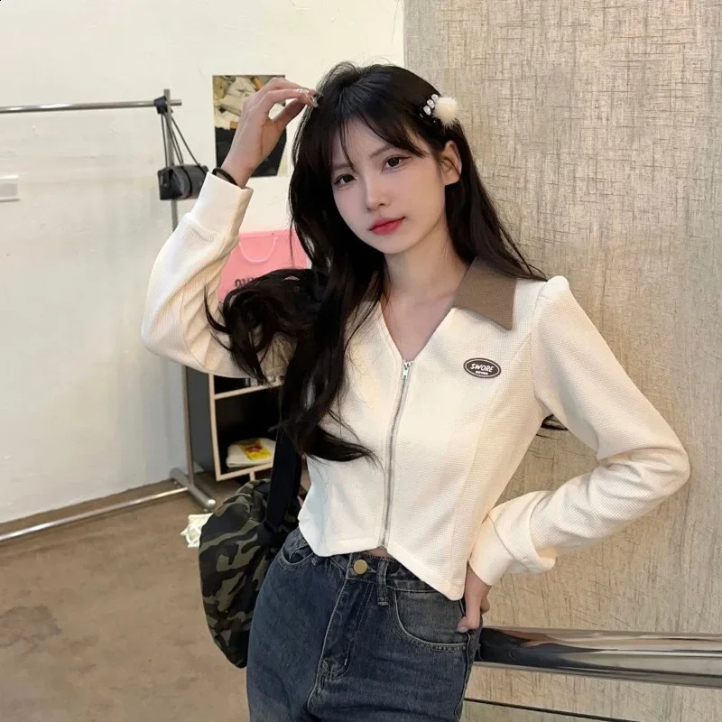 Irregular Top Womens Autumn Polo T-shirt Y2k Korean Fashion Long Sleeve T-shirt Patch Work T-shirt Womens Zipper T-shirt 240827