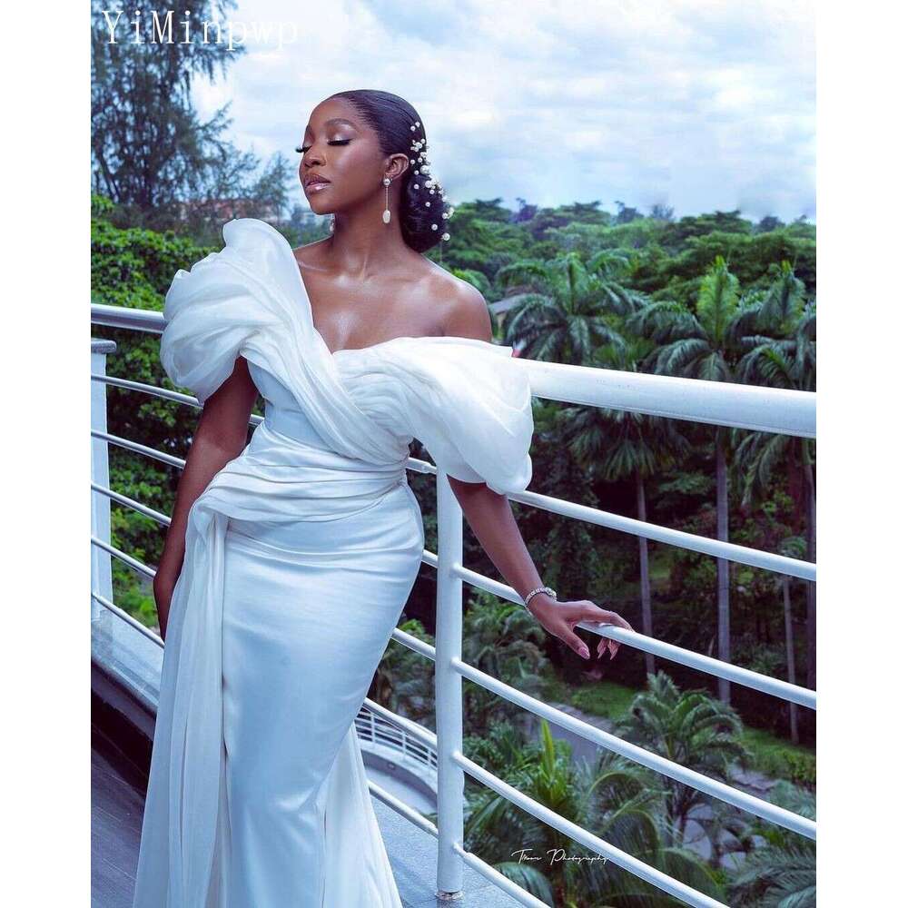 Mermaid African White Wedding Dresses Off Shoulder Sweep Train Pleats Covered Button Chapel Bridal Gowns Robes De Mariage