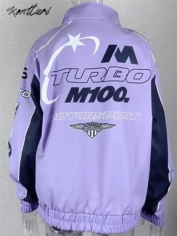 Kontturi Fall Casual Letter Print Jackets For Women O Neck Long Sleeve Zip Up Coat Streetwear Outfit Purple Varsity Jackets 240827