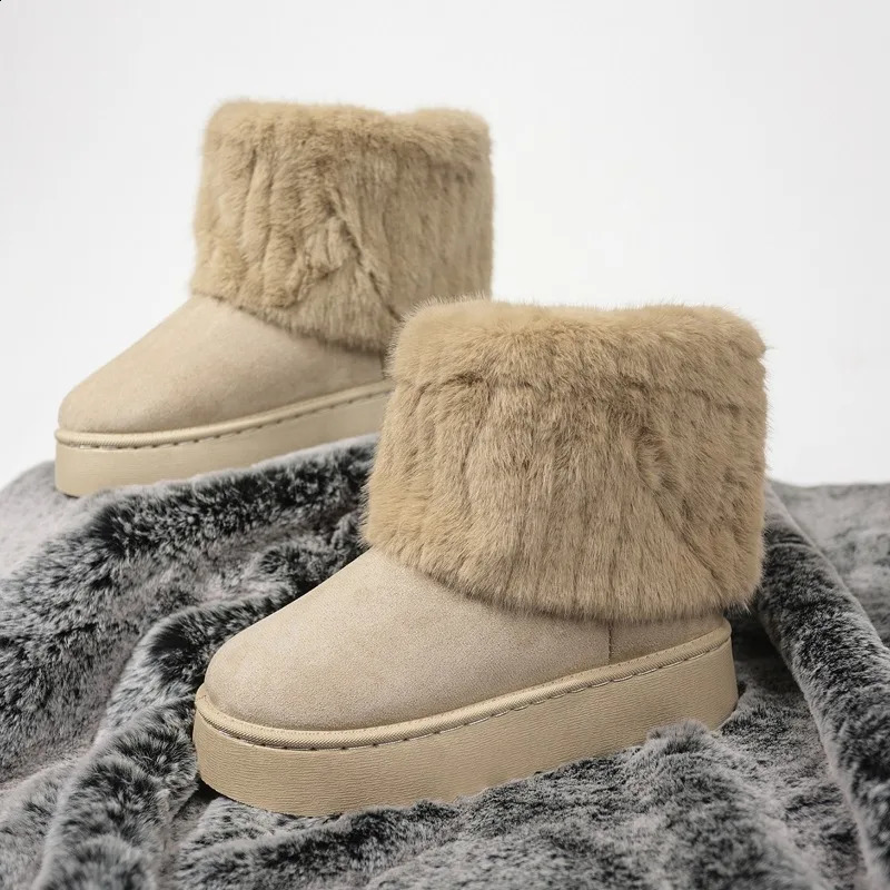 Platform Womens Round Toe Warm Thickened Plush Winter Mid-calf Boots Thick Sole Casual Comfortable Anti-slip Women Snow Boot 240826