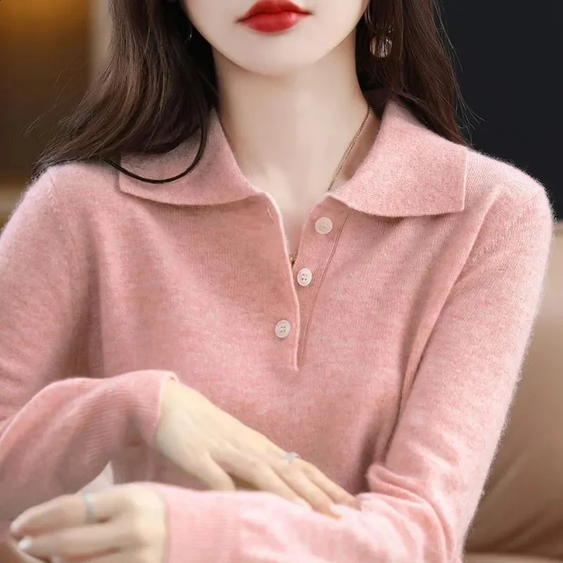 Womens Sweater Spring and Autumn Polo Collar Knitted Lanhua Long Sleeve Cashmere Free Jumping Bottom Shirt 240827