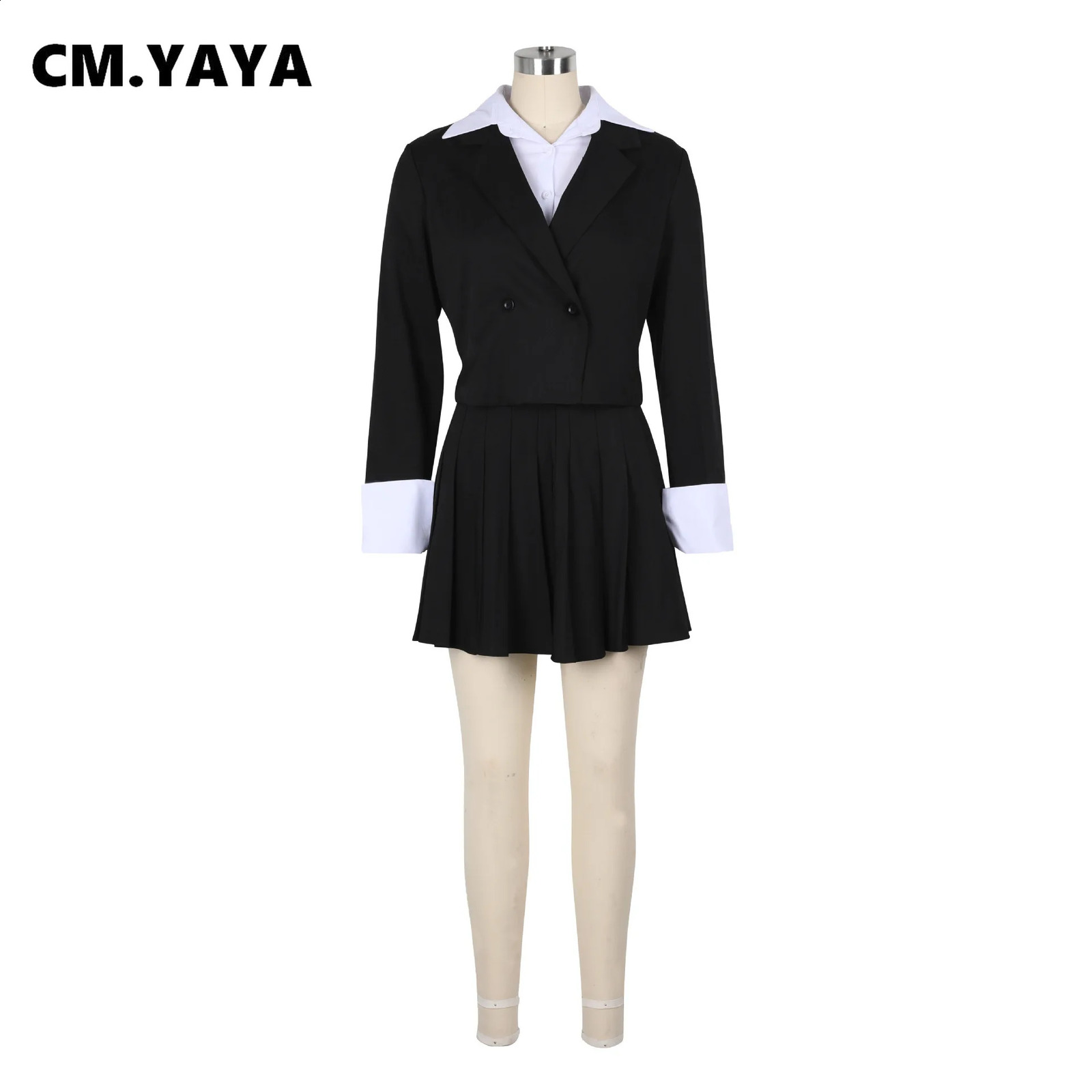 CM.YAYA INS Women Fashion Pleated Mini Skirts Suit and Shirt Patchwork Long Sleeve Blazer Matching 2 Two Piece Set Outfits 240826