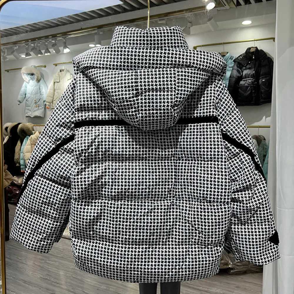 European Station Houndstooth Hooded Fluffy Coat Womens Winter Coat Warm Coat White Duck Coat Warm Coat Womens Coat CL240827