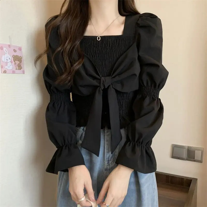 Spring Sweet Bow Patchwork Pleated Shirt Tops Long Sleeve Solid Color Slim Short Blouse Fashion Elegant Women Clothing 240827