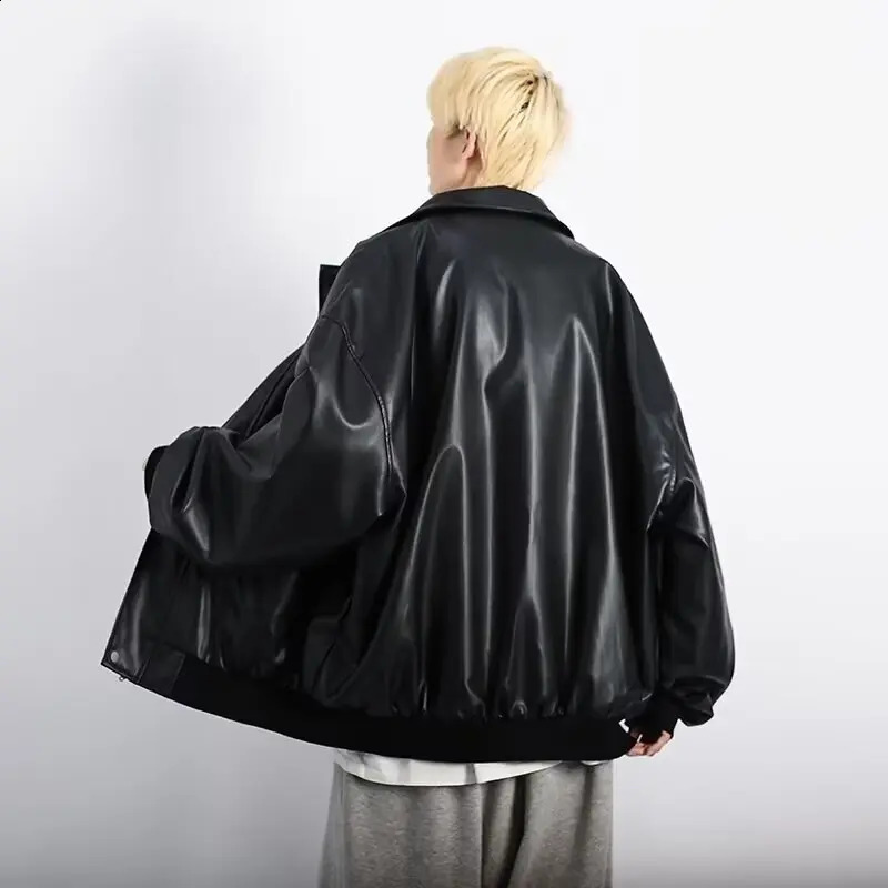 FEWQ PU Leather Mens Jacket Street Fashion Spring Autumn Loose Solid Color Casual Long Sleeve Male Tops 24E2062 240826