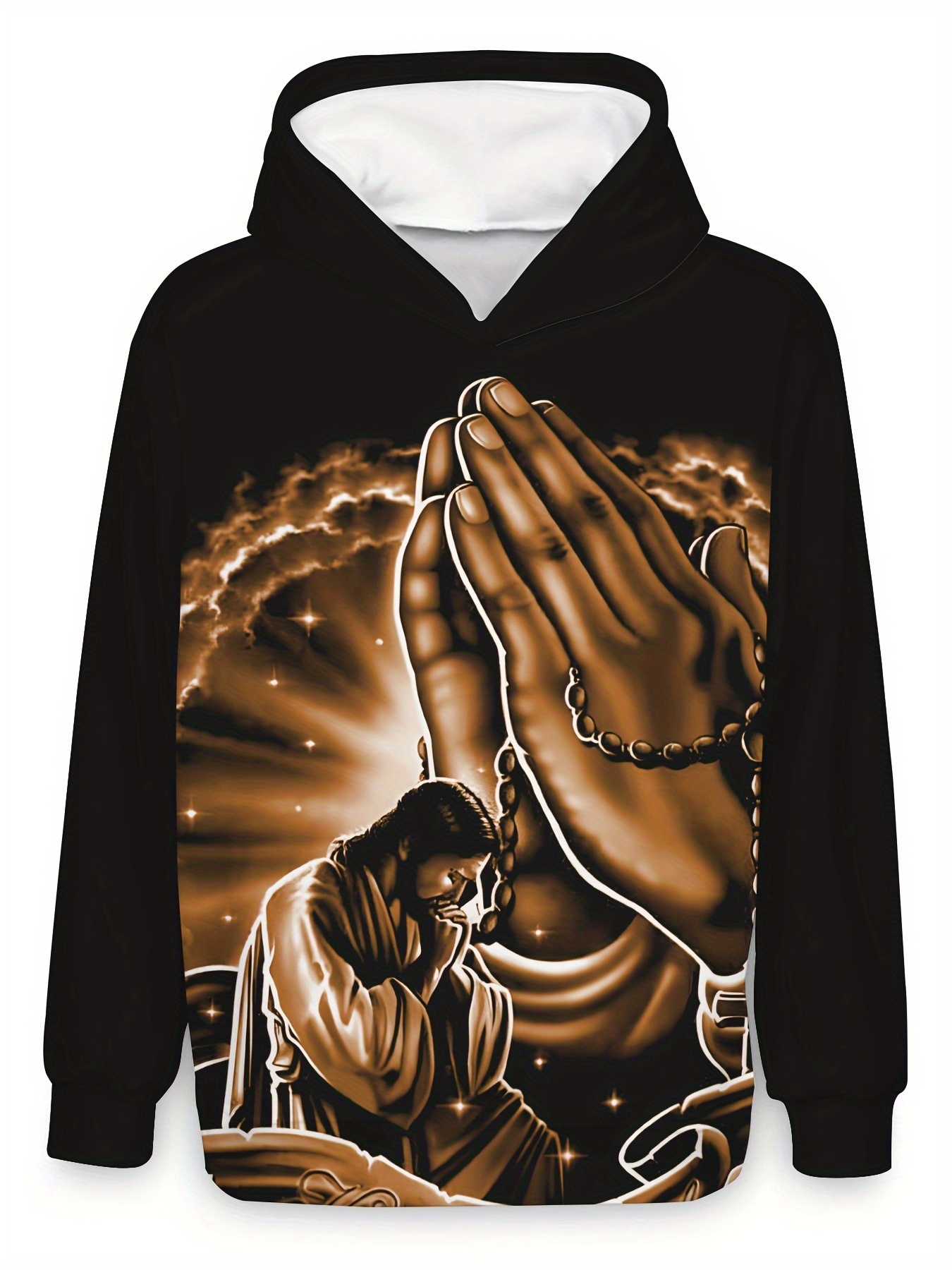 Men's Novelty 3D Praying Pattern Print Hooded Pullover Sweatshirt For Spring Autumn Casual Daily Wear