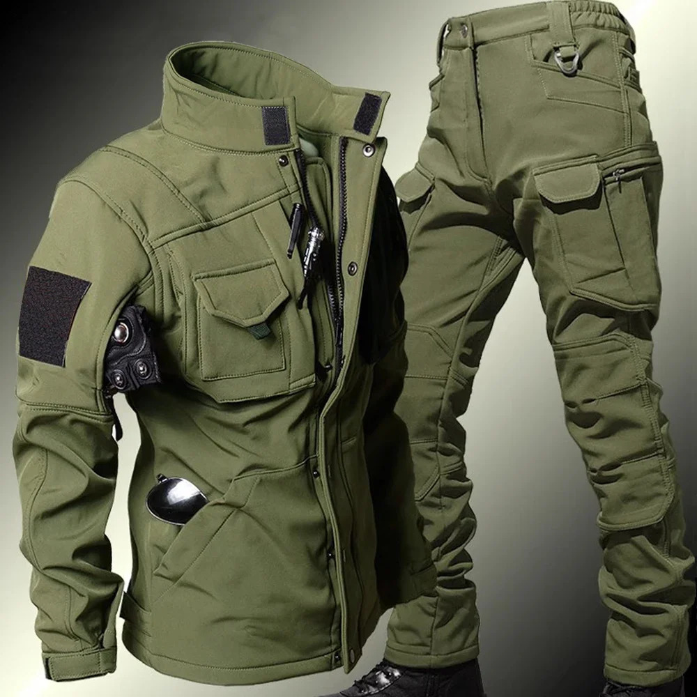 Windproof Waterproof Biker Suit Men Tactical Jacket Pants Sets Winter Shark Skin Soft Shell Uniform Warm Fleece Coats 240814