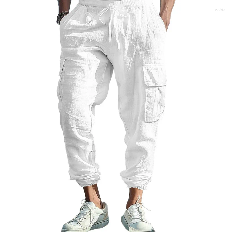 2025 S Fashion Designer Men S Pants Cross Border Cotton And En Casual Foot Tie Multi Pocket Tether Solid Color Large Size Drawstring Trousers