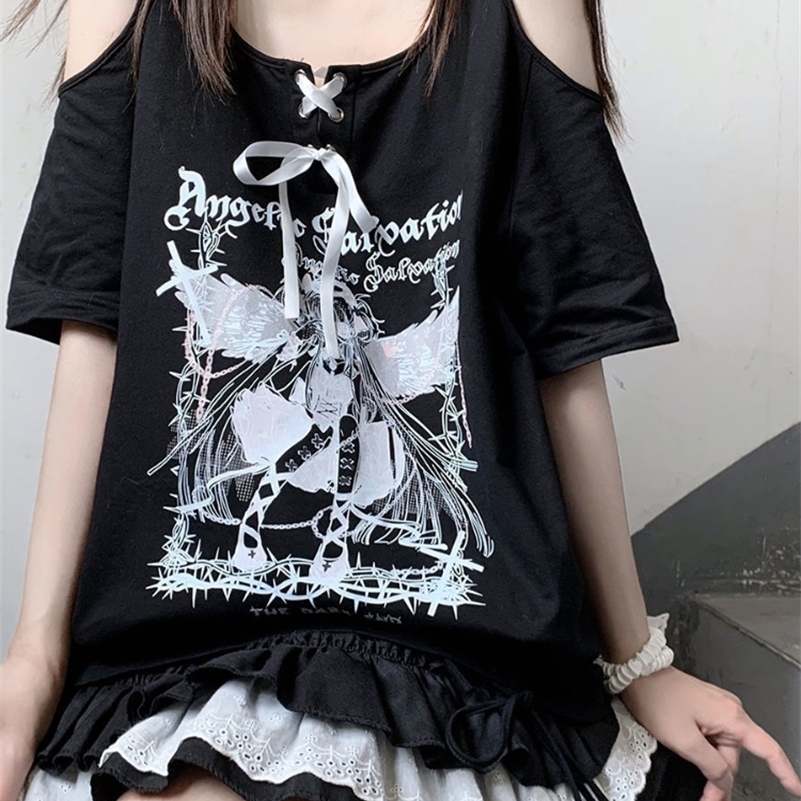 Strapless O-neck white angel T-shirt with letter print lace short sleeved T-shirt for women loose casual long T-shirt Y2k 240826