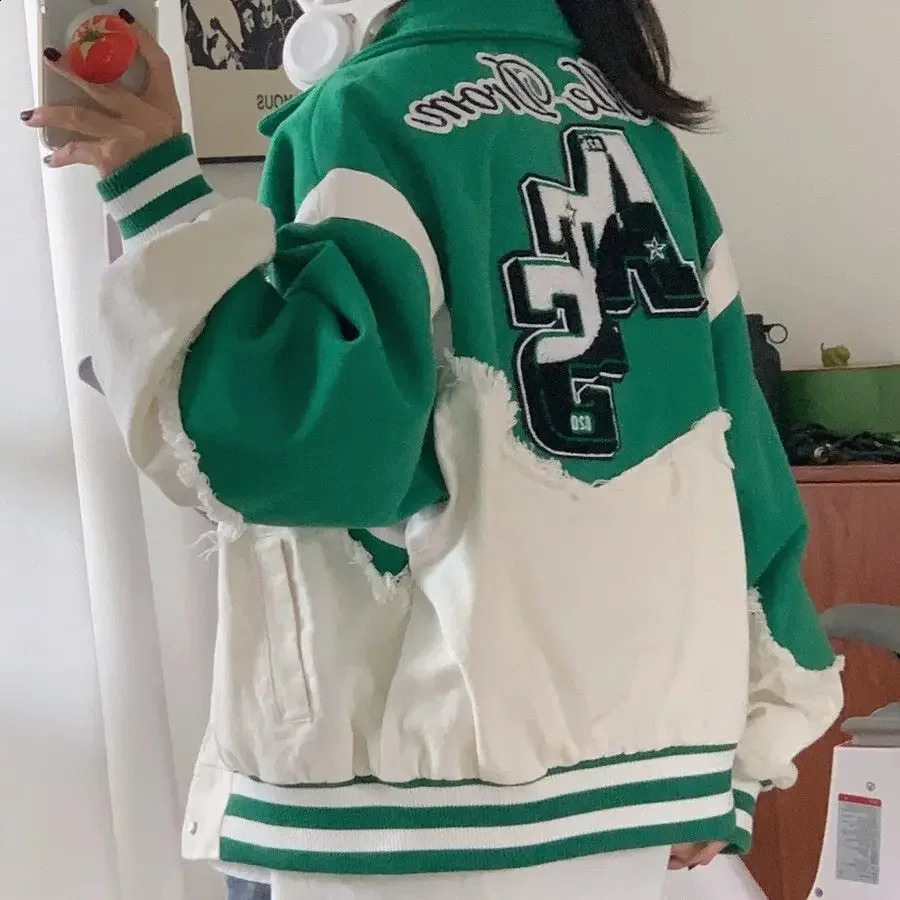 Womens Denim Patchwork Jackets Oversize Sports Top Bomber Jacket Coats American Streetwear Retro Baseball s 240827