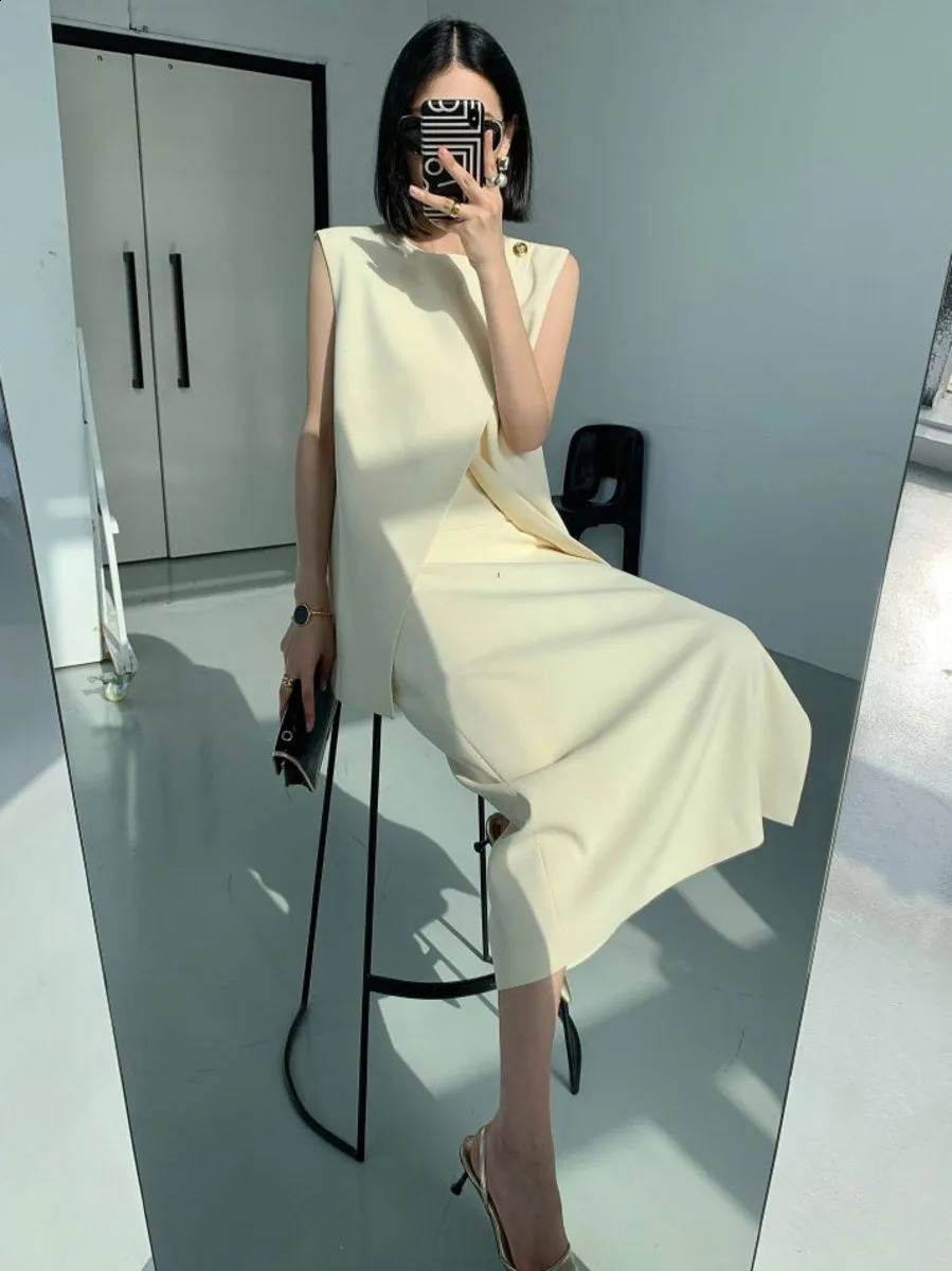 Irregular Blazer Vest Skirt Set Summer Chic Elegant Sleeveless Solid Tank Top Skirt Dress OL Outfit Clothes Suit 240826