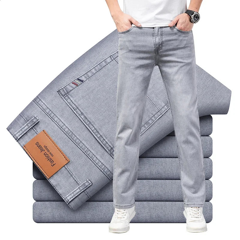Summer Thin Mens Elastic Cotton Jeans Fashion Gray Comfortable Business Straight Casual Pants Male Clothes Trousers 240826