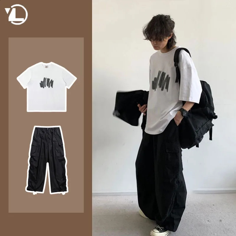 Summer casual mens High Street Printing Graffiti Trendy T-shirtQuick Drying Pockets Cargo Pants Suit Japanese Street 2 pieces 240827