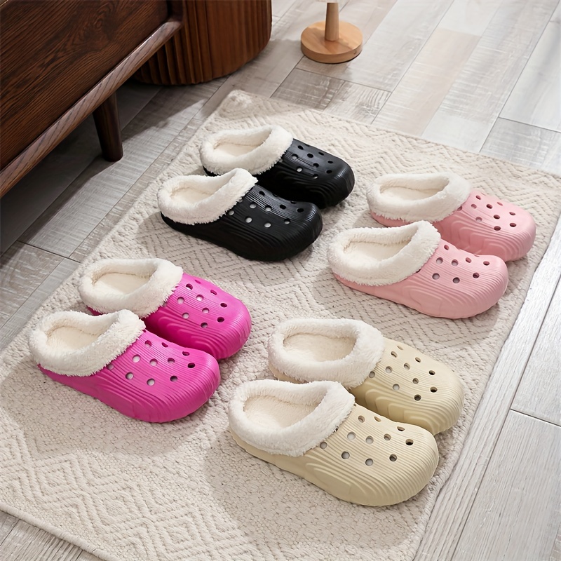 Cozy Winter Plush Lined Croc Slippers - Super Soft EVA Insole, Solid Color, Non-Slip EVA Sole, Casual Slip-On Style, Suitable for Indoor and Outdoor U