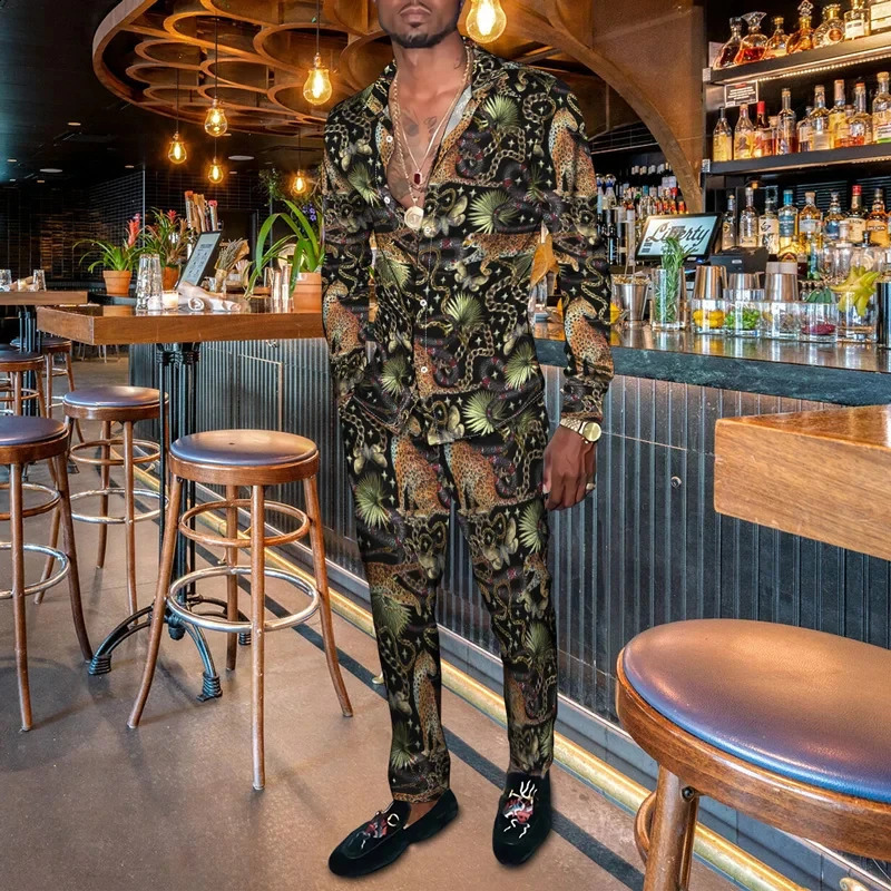 Summer fashion mens casual sportswear leopard print 3D printed mens lapel long sleeved shirt long pants two-piece outfit 240827
