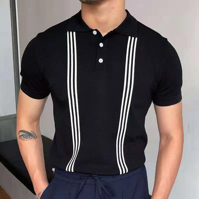 Vintage Polo Shirt Men Stripe Print Patchwork Knitting Casual Lapel Pullover Summer Fashion Men Short Sleeve Slim Polo Shirt 240827