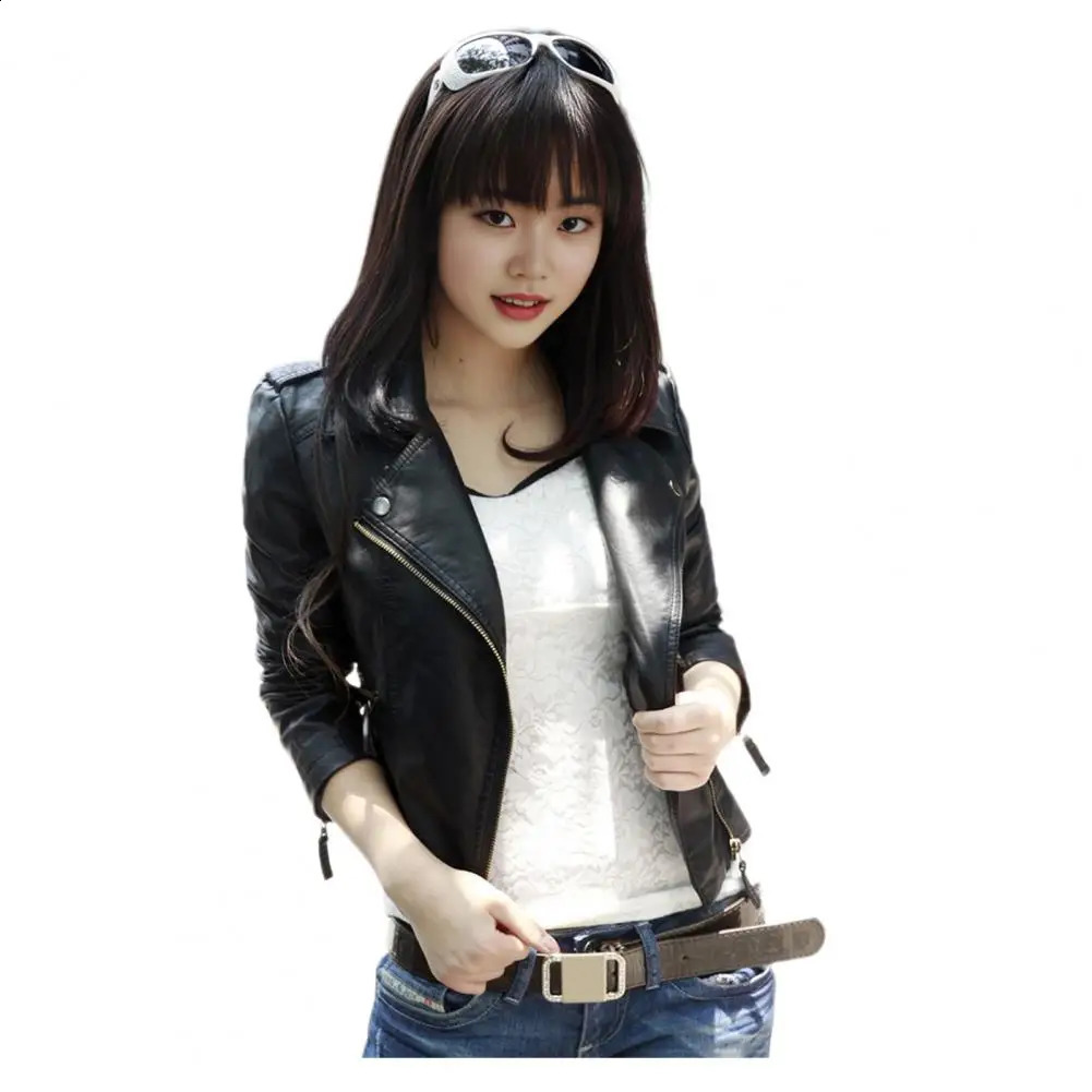 Womens Artificial Leather Jacket Fashion Womens Artificial Leather Motorcycle Jacket with Zipper Pocket Spring Autumn Coat Windproof Plus 240827
