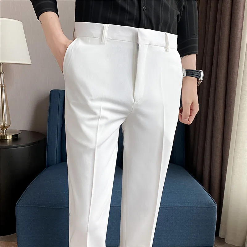 9 Color Summer Fashion Mens Suit Pants Pure Color Business Formal Pants Slim Fit Office Mens Wedding Social Ankle Long Trousers 240827